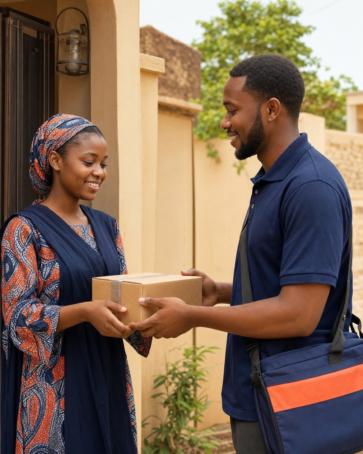A Percello courier handing a parcel to a customer
